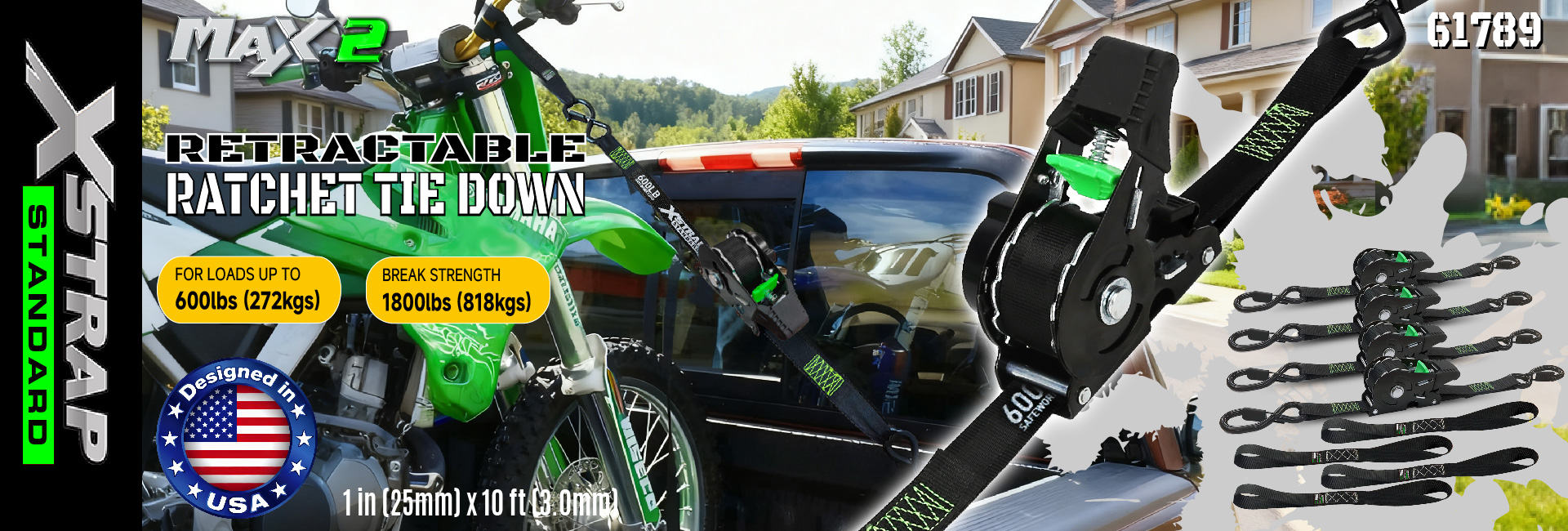 Xstrap 61789 Correas de amarre con trinquete retráctiles 1 pulgada x 10 pies Amarres seguros para motocicleta Jetski Kayak Resistencia a la rotura 1,500LBS/680KG
