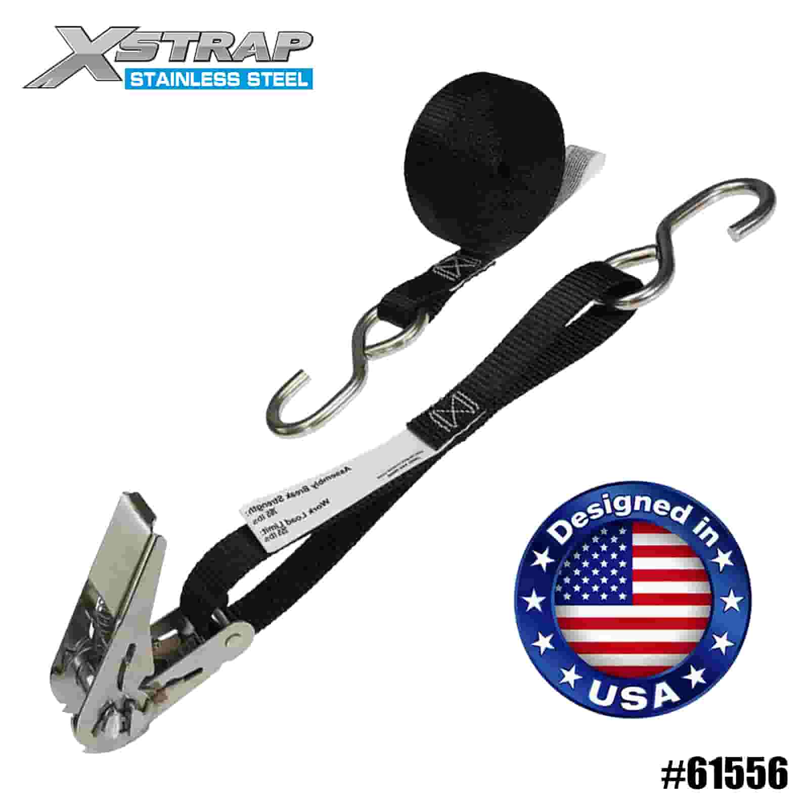 Xstrap 61556 Correa de trinquete para pulgar de acero inoxidable negro de 1” x 10’ con ganchos en S 255 lb SWL