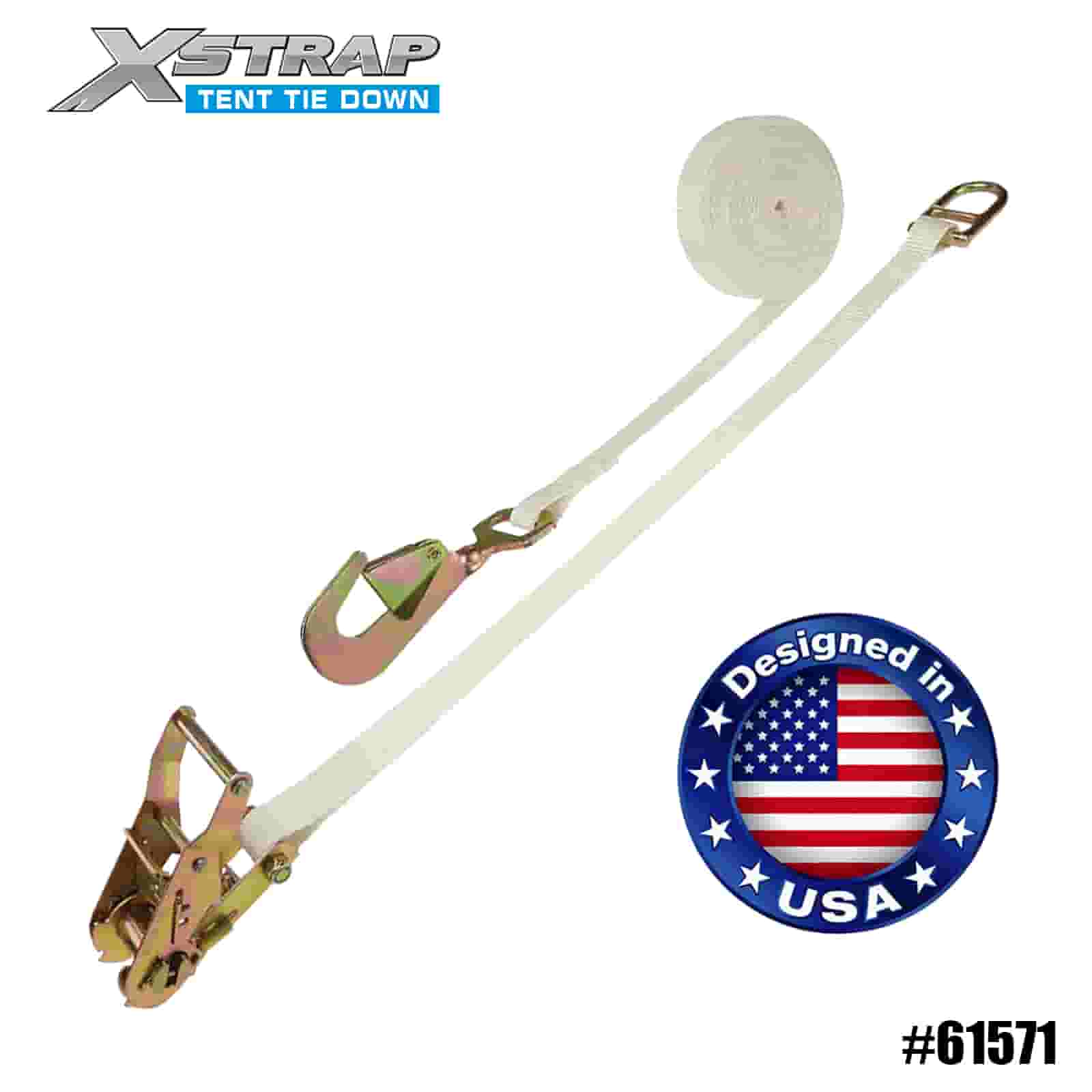 Xstrap 61571 4PK Correa de trinquete para tienda de campaña blanca de 1” x 15’ con gancho de seguridad trenzado y anillo doble en D SWL de 1100 lb
